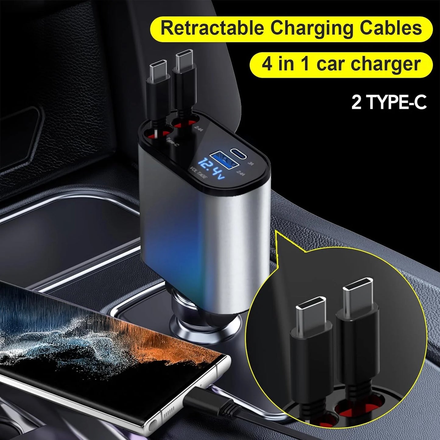 Retractable Car Charger, 4 in 1 Fast Car Phone Charger 66W, Retractable Cables and USB Car Charger,Compatible with iphone 16/15/14/13/12/11,Galaxy,Pixel