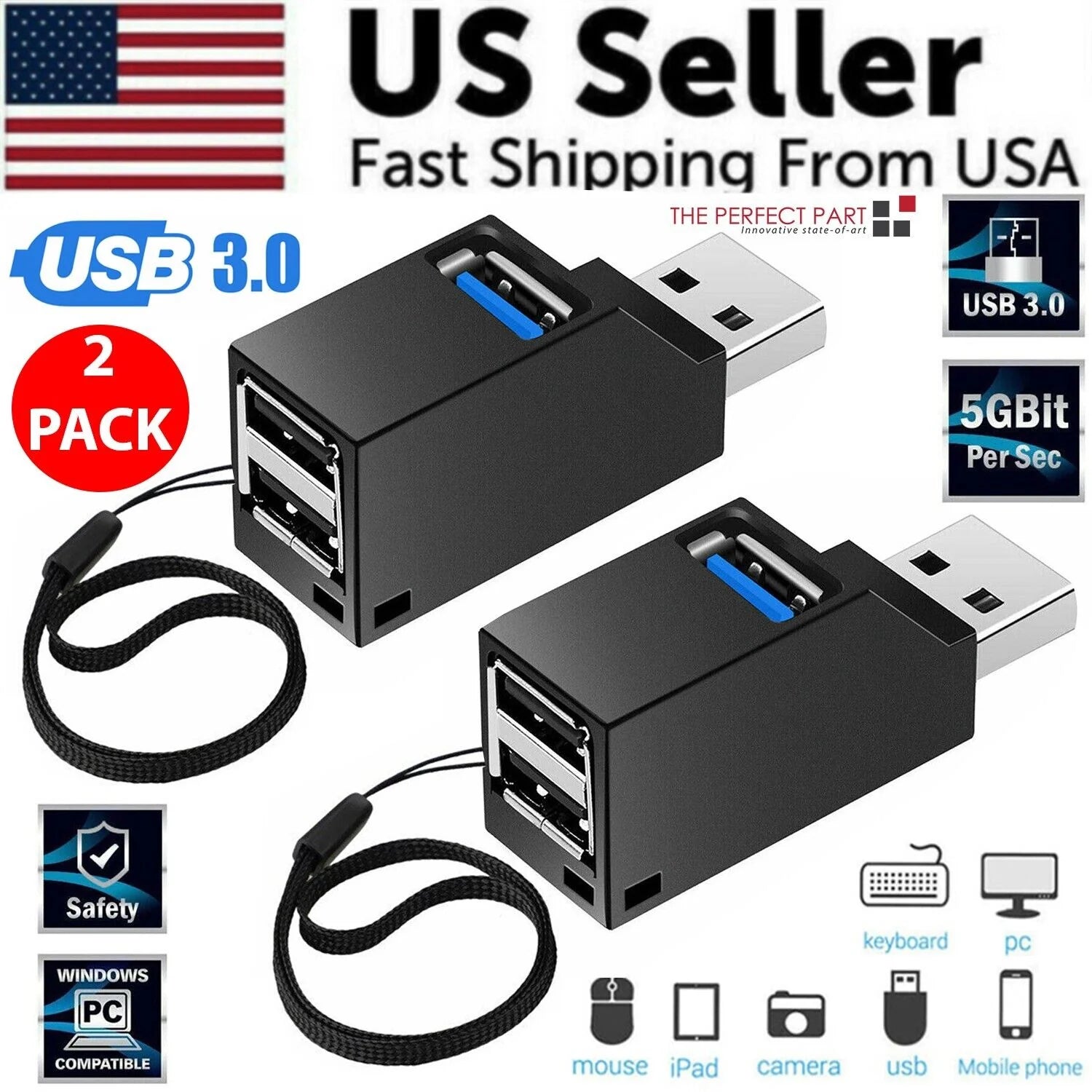 2 Pcs 3 Port USB 3.0 Hub Portable High Speed Splitter Box for PC Notebook Laptop