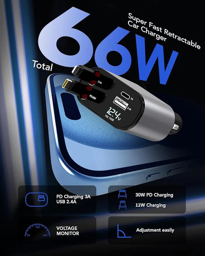 Retractable Car Charger, 4 in 1 Fast Car Phone Charger 66W, Retractable Cables and USB Car Charger,Compatible with iphone 16/15/14/13/12/11,Galaxy,Pixel