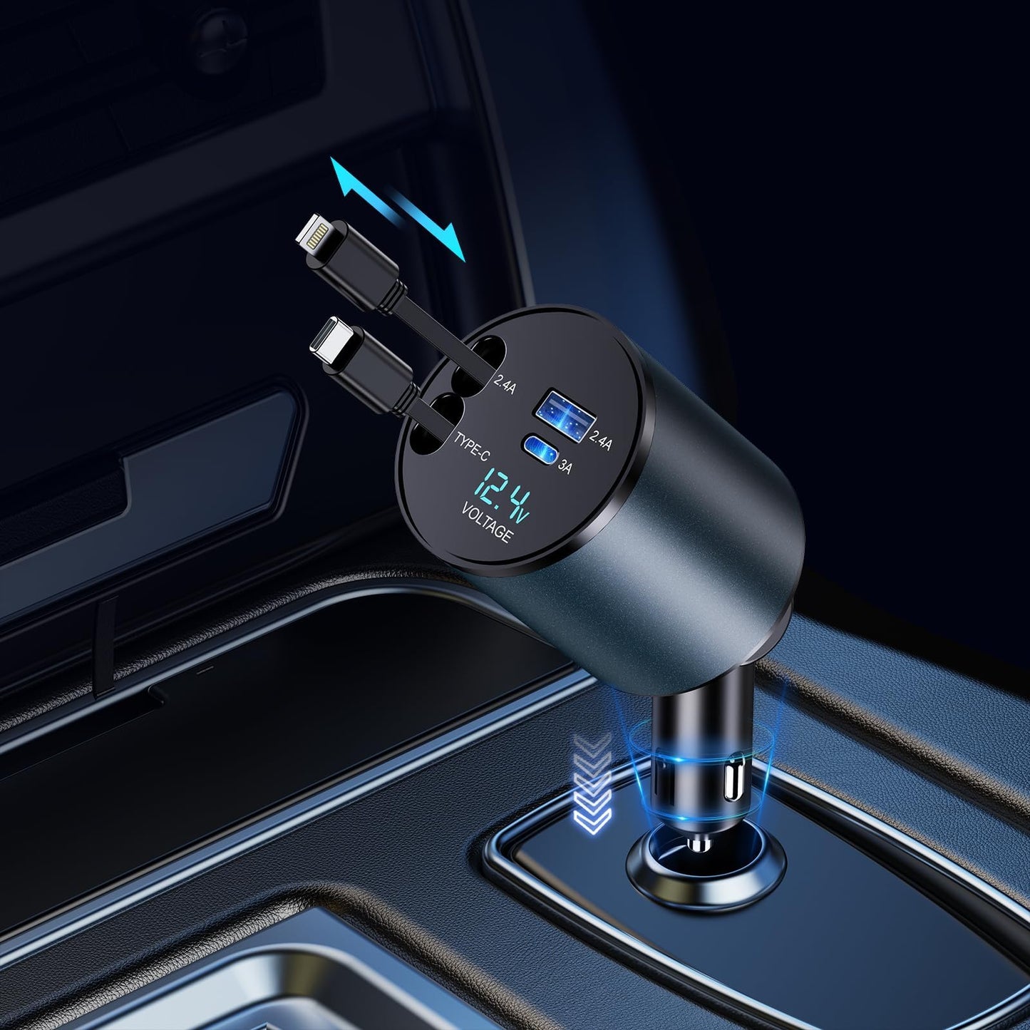 Retractable Car Charger, 4 in 1 Fast Car Phone Charger 66W, Retractable Cables and USB Car Charger,Compatible with iphone 16/15/14/13/12/11,Galaxy,Pixel