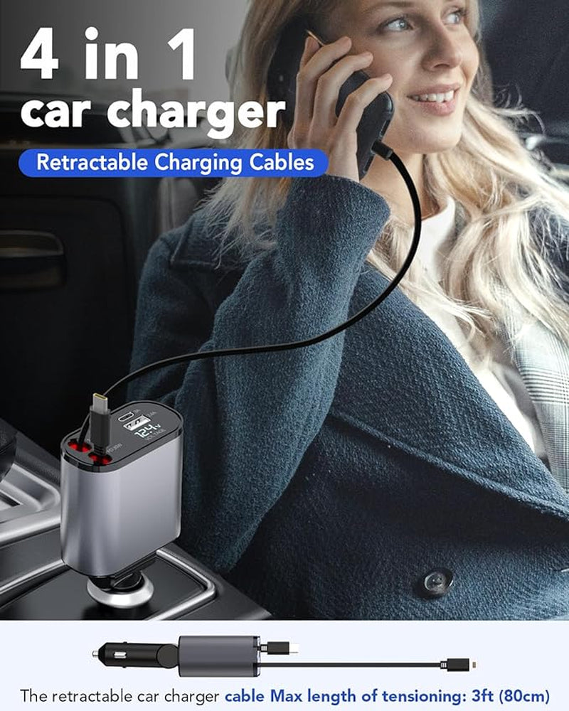 Retractable Car Charger, 4 in 1 Fast Car Phone Charger 66W, Retractable Cables and USB Car Charger,Compatible with iphone 16/15/14/13/12/11,Galaxy,Pixel