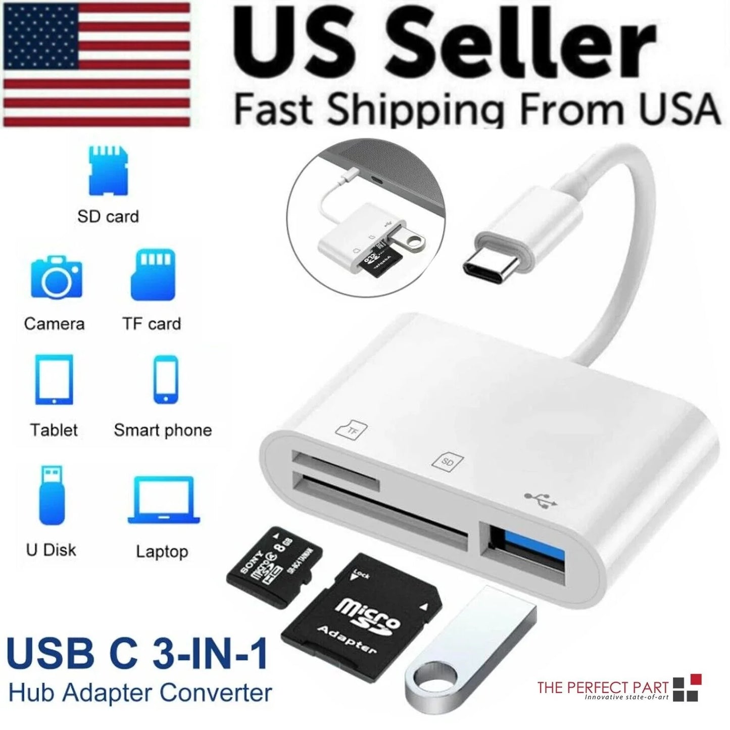 USB C 3 in 1 Hub Converter Type-C Adapter SD Card Reader for Macbook Pro Laptop